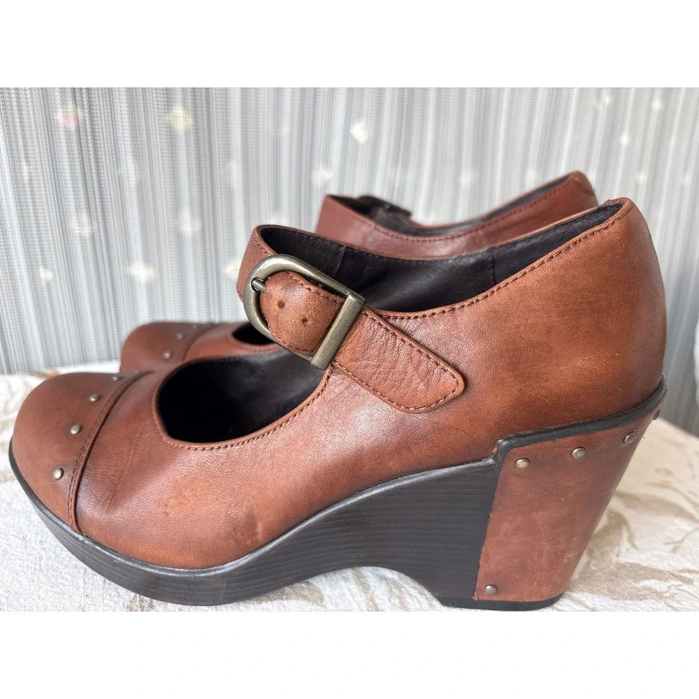 Dansko Size 37 Brown Leather Studded Mary Jane Wedge Heels Clogs 1900767800